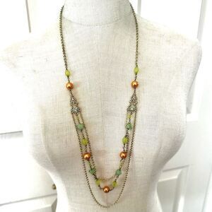 1928 green gold tone double strand long necklace